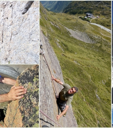 Klettern auf der Franz Senn Hütte. Klettergärten, mit Bohrhaken versicherte Mehrseillängenrouten sowie alpine Klassiker wie Schrandele Ostgrat gibt es im Bereich der Hütte.