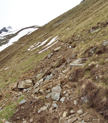 Durch den enormen Schneedruck wurde der Weg speziell in den steilen Grashängen auf längeren STrecken vollkommen zurstört!