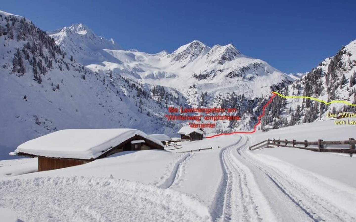 When there is AVALANCHE DANGER on the usual winter approach to the hut, from the Ober Iss Alm onwards you can avoid this danger by using the bypass variants!